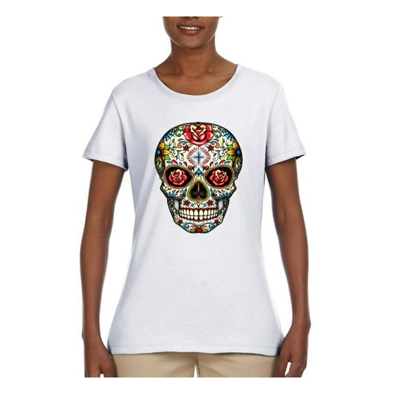 Dia de los Muertos Trippy Psychedelic Drugs Skull Fashion Womens Graphic T-Shirt, White, Large