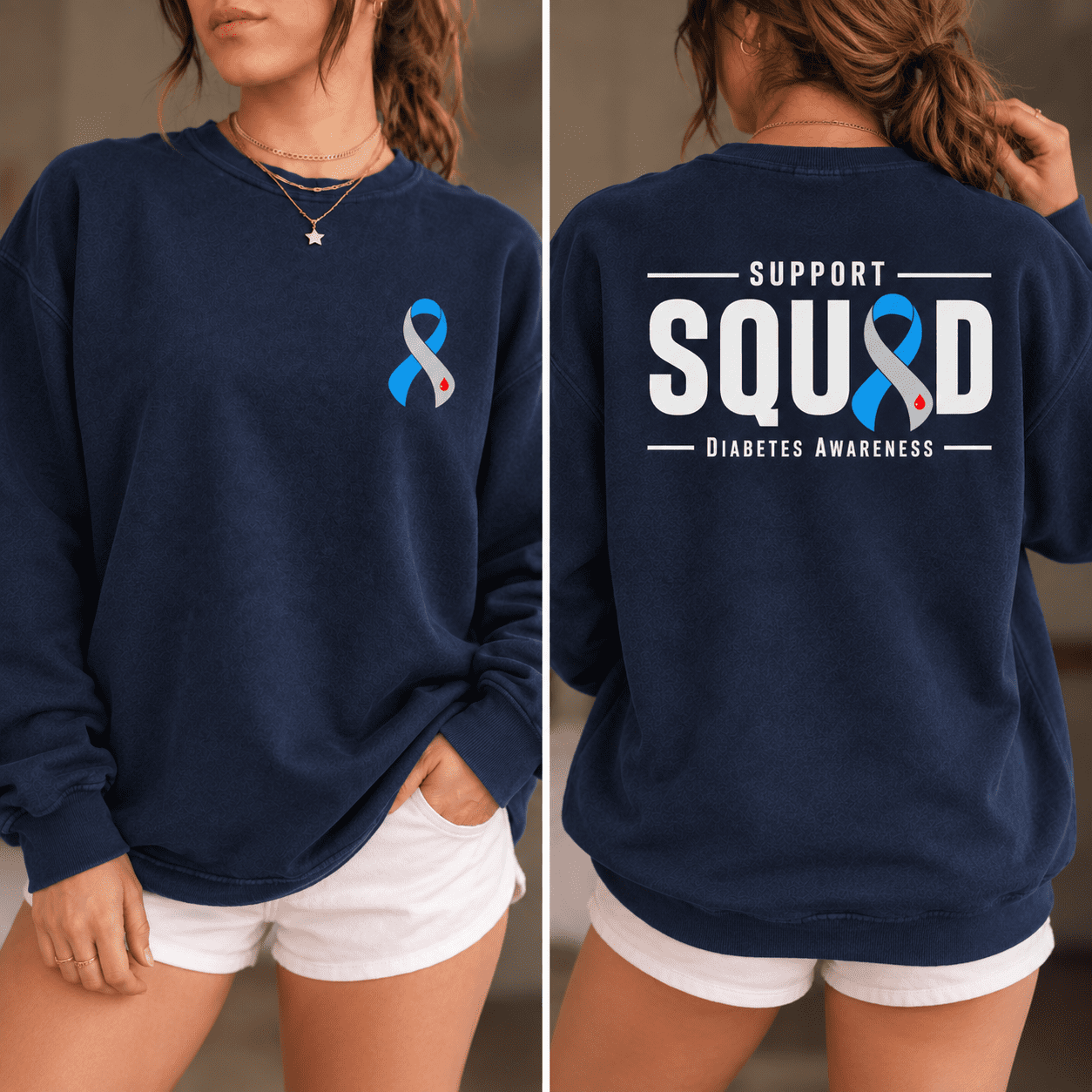 Sign Language For Pink Ribbon Diabetes Awareness Support Squad Sweatshirt, Blue Ribbon Graphic Design ...