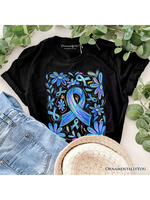 Diabetes Blue Ribbon Floral T-Shirt, Awareness Support Tee