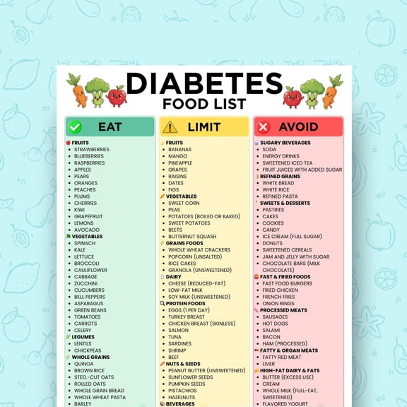 Diabetes Food List Poster, Diabetes Food Chart Poster, Avoiding Dietary Restrictions, Low Glycemic Index Food, Low Carbohydrate Food Poster, Type 2 Diabetes Grocery List Poster