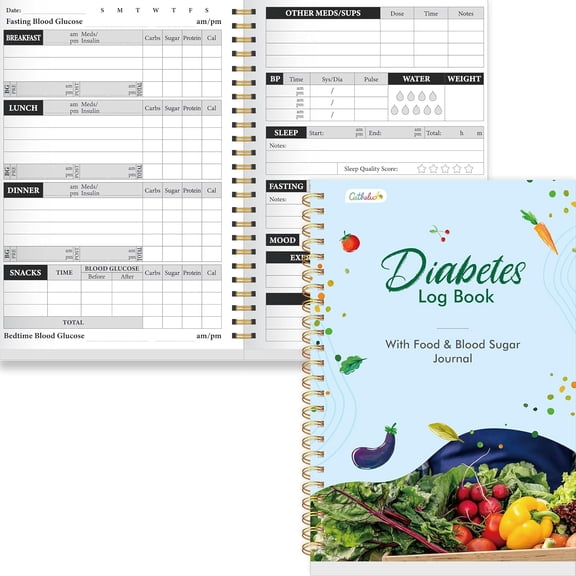 Diabetes Log Book, 80 Sheets Food & Blood Sugar Track Journal Spiral Bound Notebook for Types 1 & 2 Diabetics, Attached Diabetes Food List for Meal Plan & BG Control