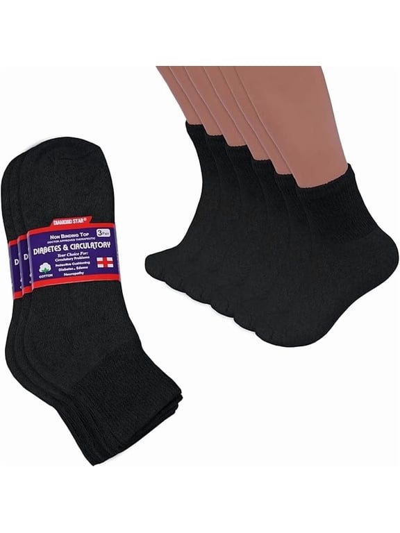 Diabetic Ankle Socks - Non Binding Quarter Socks for Men & Women, Cushion Circulatory Socks (Black - 6 Pairs, Socks Size 10-13, Fit Women's Shoe Size 7-12)