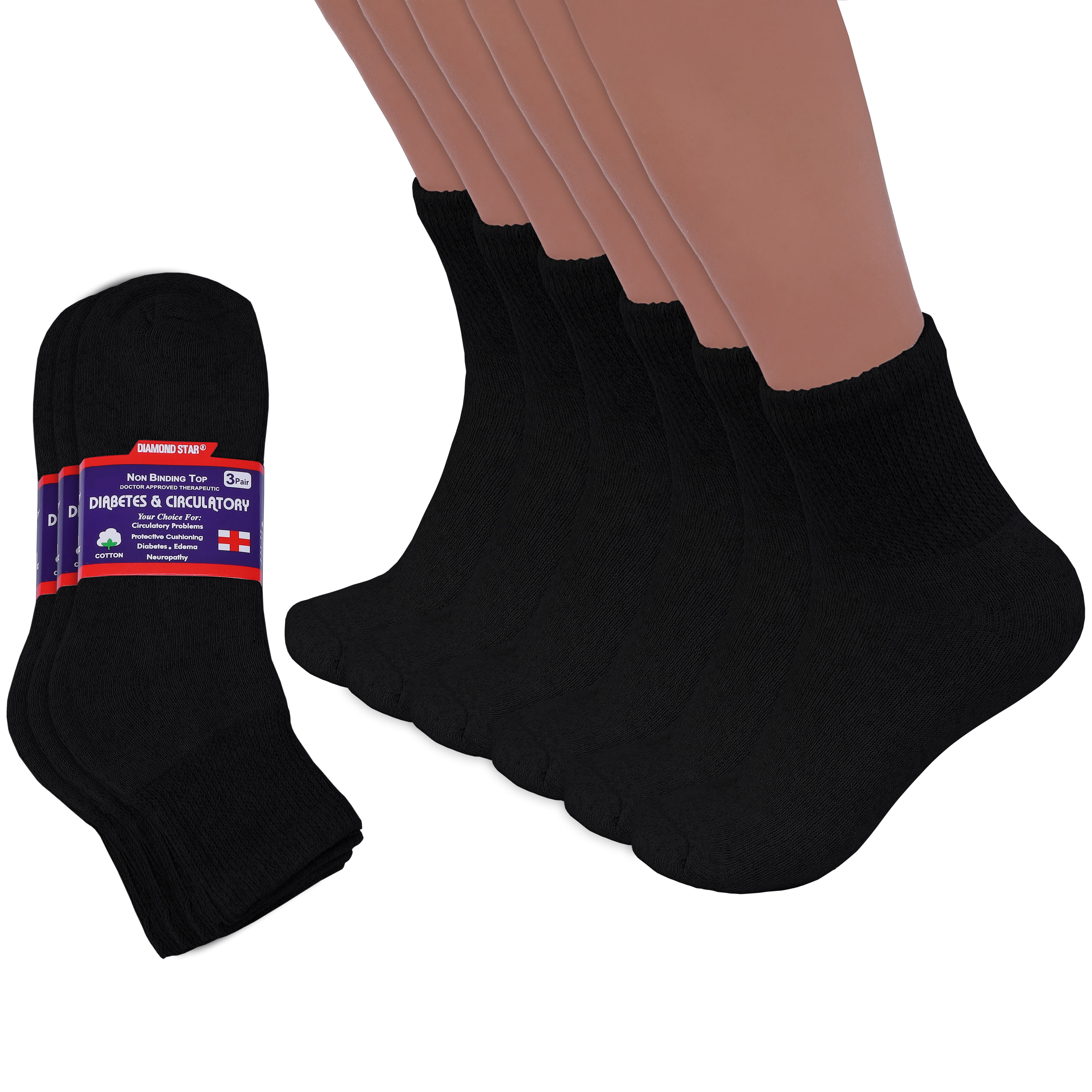 Diabetic Ankle Socks – Non-Binding Circulation Quarter Socks, Cushioned Cotton Blend for Men & Women (Black 6Pairs, Size 10-13, Fits Women’s Shoe 7-12)