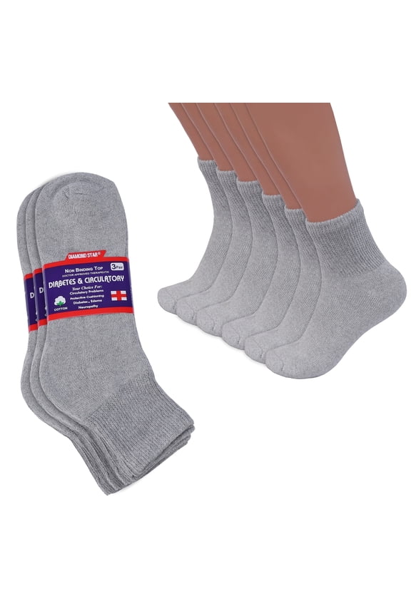 Diabetic Ankle Socks, Non-Binding Circulatory Cushion Cotton Quarter Socks for Men’s Women’s (Grey - 3 Pairs, Socks Size 13-15, Fit Men's Shoe Size 9-14)