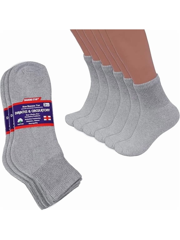 Diabetic Ankle Socks - Non Binding Quarter Socks for Men & Women, Cushion Circulatory Socks (Grey - 3 Pairs, Socks Size 9-11, Fit Women's Shoe Size 5-10)