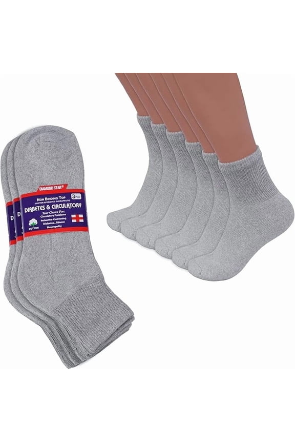 Diabetic Ankle Socks - Non Binding Quarter Socks for Men & Women, Cushion Circulatory Socks (Grey - 6 Pairs, Socks Size 13-15, Fit Women's Shoe Size 9-14)