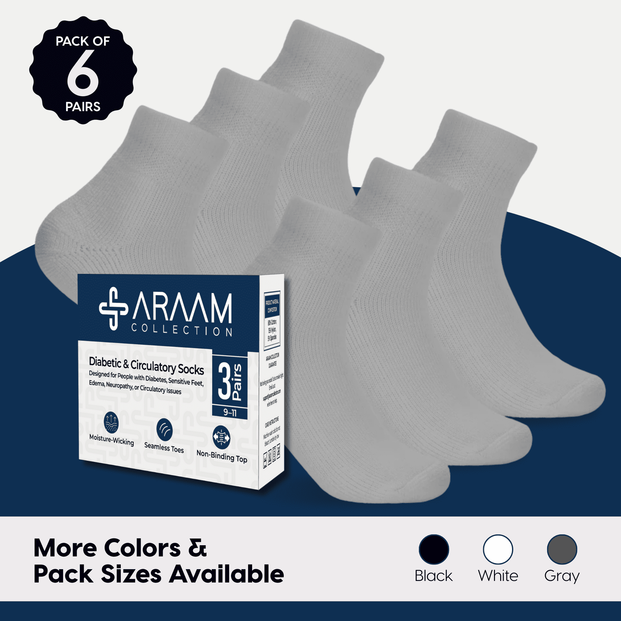 Araam Collection Diabetic Ankle Socks - Non-Binding Cotton Diabetic Socks for Men and Women - 6 pairs, Gray (Size 10-13)