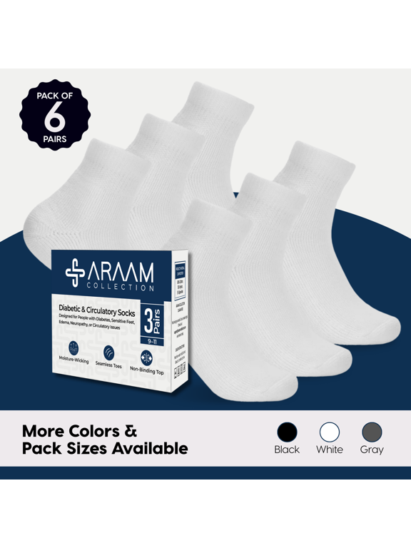 Diabetic Ankle Socks for Men and Women, Non-Binding Combed Cotton with Cushioned Sole, White, Large, 6 Pairs