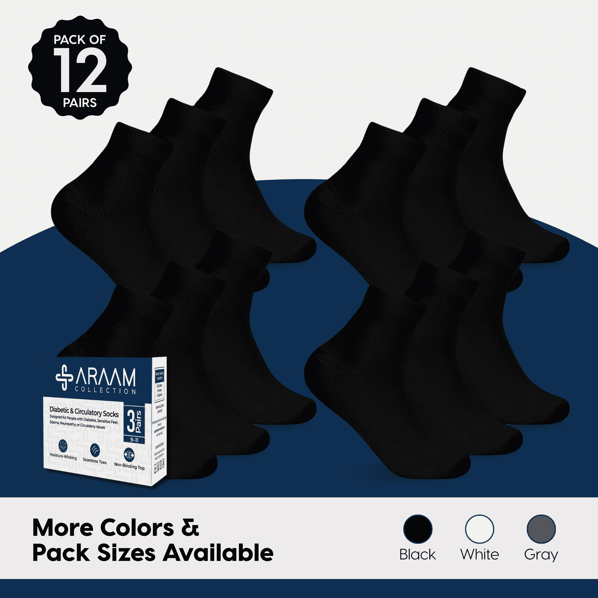 Araam Collection Diabetic Ankle Socks - Non-Binding Cotton Diabetic Socks for Men and Women - 12 pairs, Black (Size 9-11)
