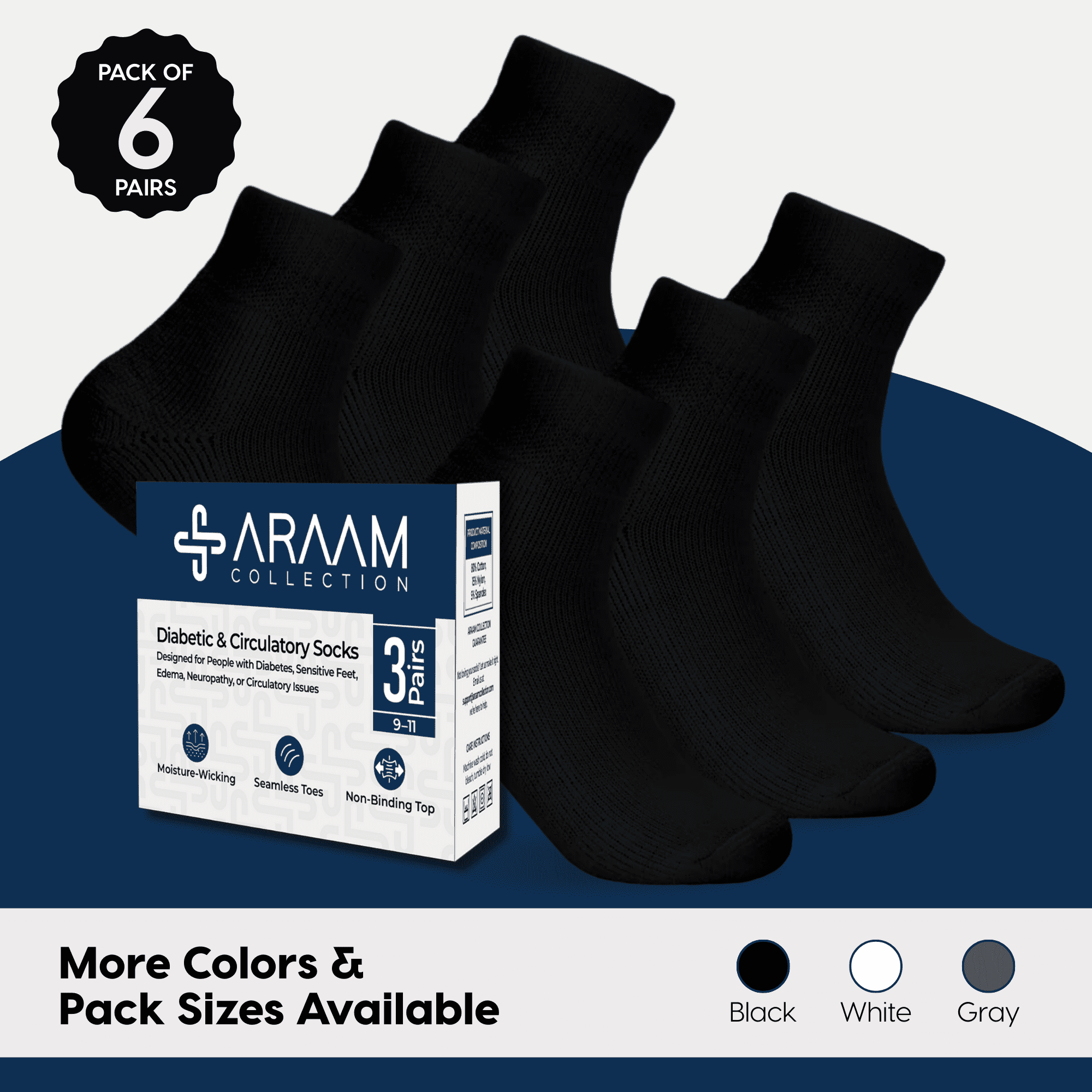 Araam Collection Diabetic Ankle Socks - Non-Binding Cotton Diabetic Socks for Men and Women - 6 pairs, Black (Size 9-11)