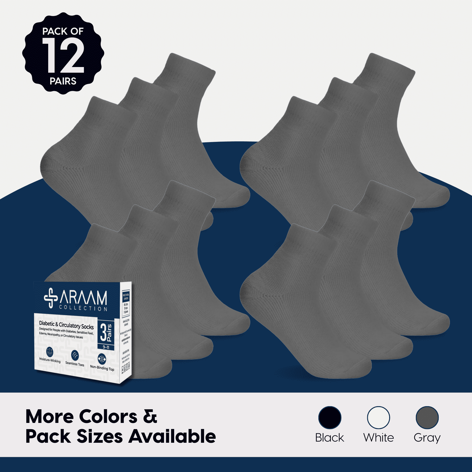 Araam Collection Diabetic Ankle Socks - Non-Binding Cotton Diabetic Socks for Men and Women - 12 pairs, Gray (Size 9-11)