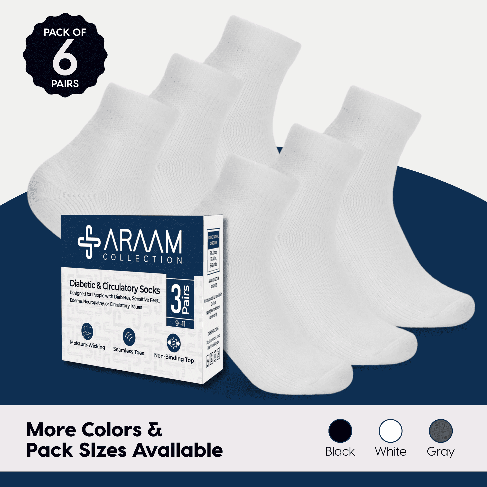 Araam Collection Diabetic Ankle Socks - Non-Binding Cotton Diabetic Socks for Men and Women - 6 pairs, White (Size 9-11)