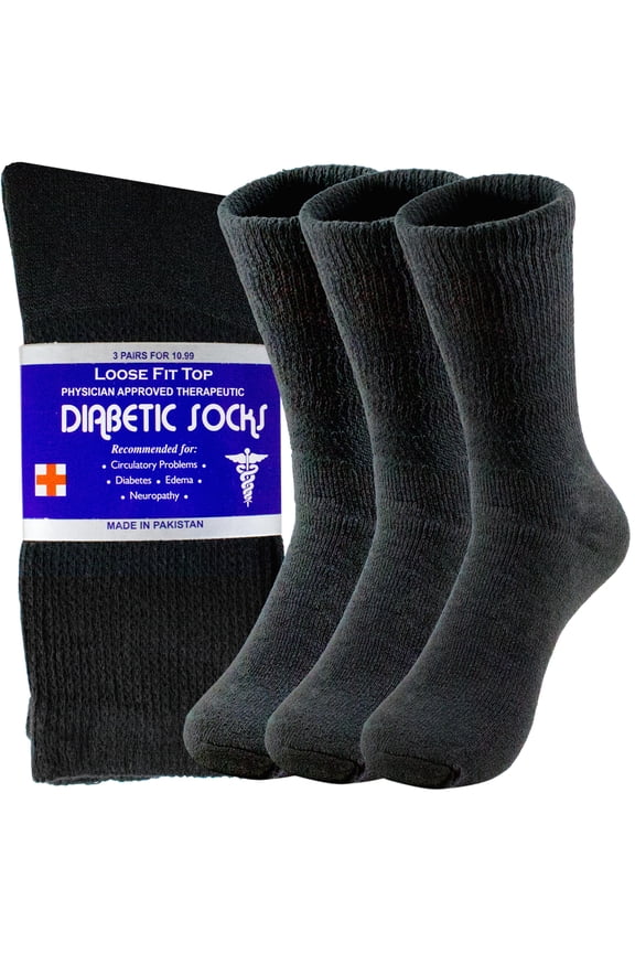 Diabetic Cotton Crew Socks for Men and Women Black 6 Pairs 13-15