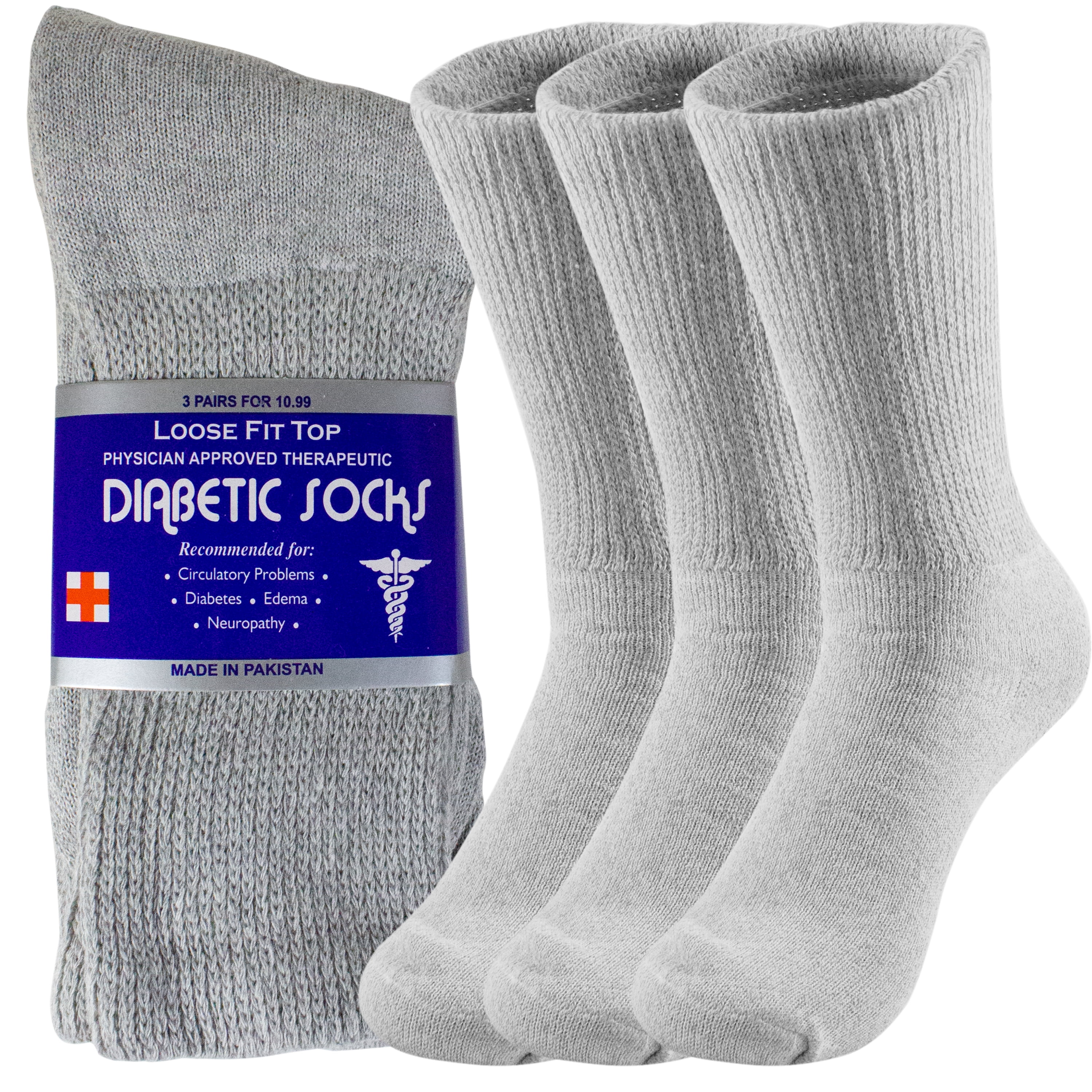 Loose Fit Cotton Diabetic Socks for Men and Women, 3 Pairs, Crew