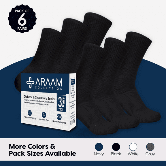 Araam Collection Diabetic Crew Socks - Non-Binding Cotton Diabetic Socks for Men and Women - 6 pairs, Black (Size 10-13)