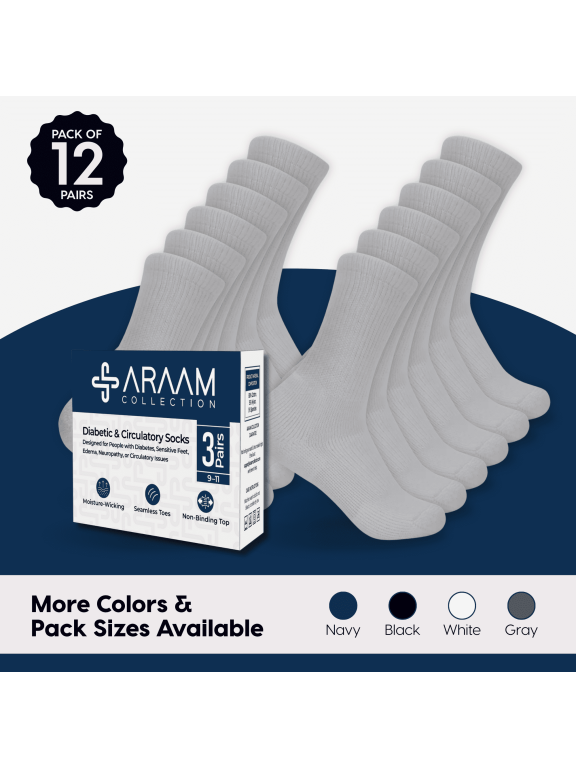 Diabetic Crew Socks, Gray, Large, 12 Pairs