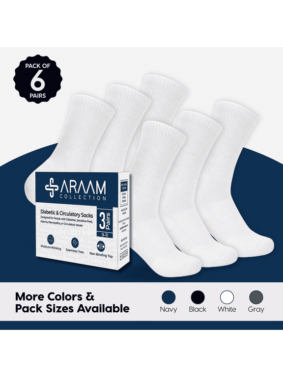 Diabetic Crew Socks for Men and Women, Non-Binding Combed Cotton with Cushioned Sole, White, Large, 6 Pairs