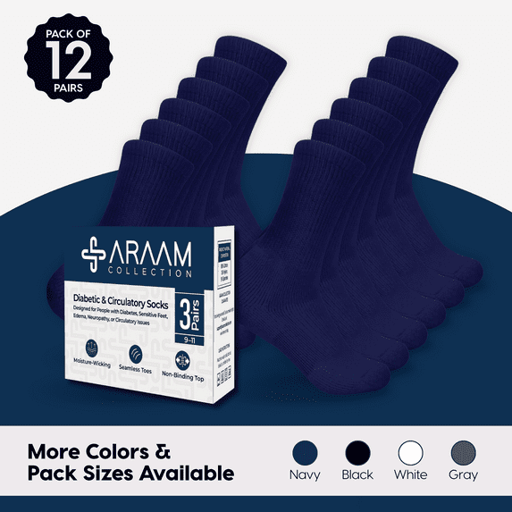 Araam Collection Diabetic Crew Socks - Non-Binding Cotton Diabetic Socks for Men and Women - 12 pairs, Navy (Size 13-15)