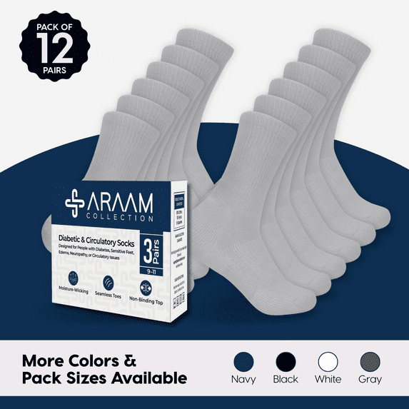 Araam Collection Diabetic Crew Socks - Non-Binding Cotton Diabetic Socks for Men and Women - 12 pairs, Gray (Size 9-11)