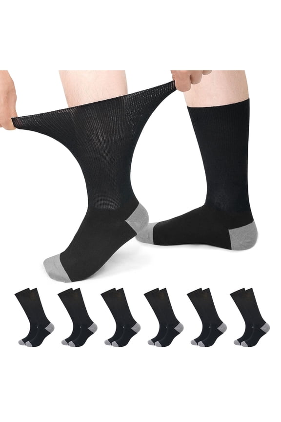 Diabetic Socks for Men & Women, 6 Pairs Non-Binding Crew Socks with Extra Wide Loose Fit for Swollen Feet and Calves, Color-Block Design, Size 9-11