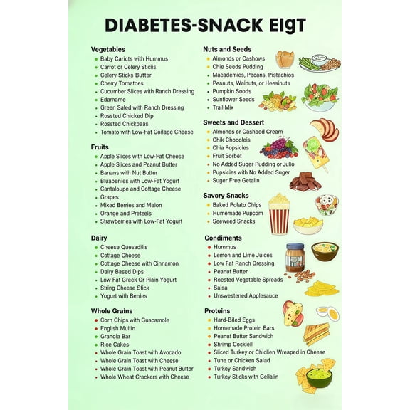 Diabetic Food Chart & Snacks Guide - Nutritionist Recommended Meal Plan Metal Sign - Easy-to-Read Blood Sugar Control Reference for Kitchen Wall Decor & Seniors Gift, 12x8 inch
