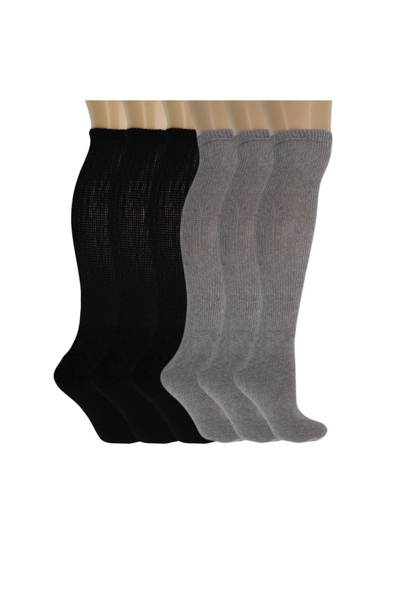 Diabetic Knee Socks Unisex, 6 Pairs Full Cushioned Cotton Blend, Non-Binding (Black 3 Pairs,Gray 3 Pairs, 13-15)
