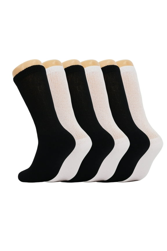 Diabetic Loose Fit Non-Binding Crew Socks Full Cushioned Size 9-11 (White 3 Pairs, Black 3 Pairs)