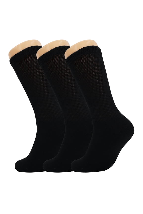 Diabetic Loose Fitting Crew Socks with Non Binding Top 3 Pairs (Black, 13-15)