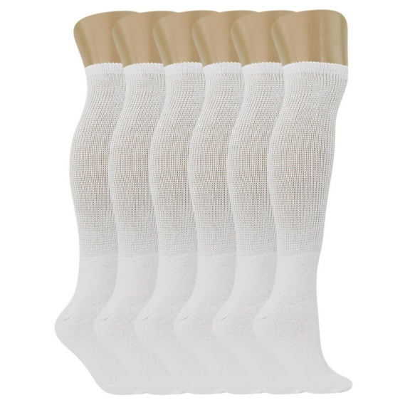 Diabetic Over The Calf Knee Socks for Men and Women 6 Pairs White Size 13-15