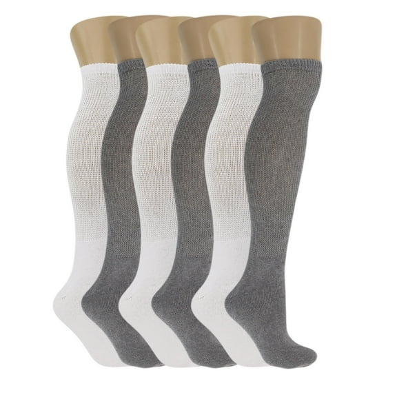 Diabetic Over The Calf Knee Socks for Men and Women Size 13-15 - (White 3 Pairs, Gray 3 Pairs)