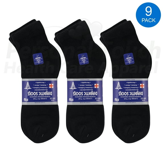 Diabetic Quarter Socks for Men & Women Physicians Approved Socks, 9 Pairs, Size 9-11 (Black)