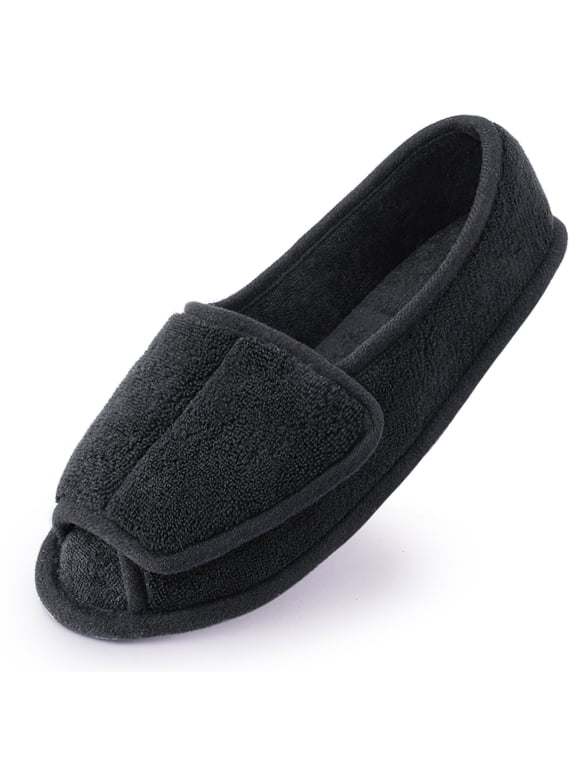 Diabetic Slippers for Women Memory Foam Arthritis Edema Adjustable Open Toe Swollen Feet House Shoes, Black 6
