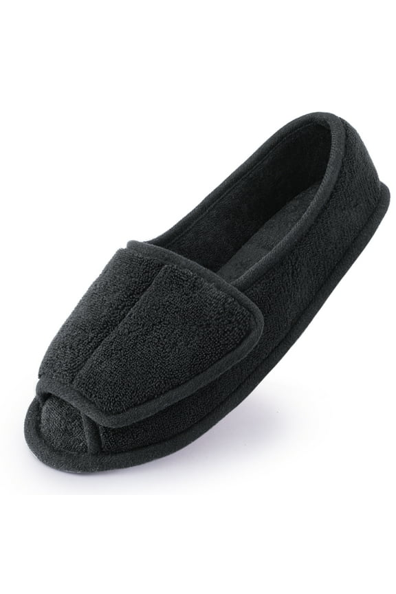 Diabetic Slippers for Women Memory Foam Arthritis Edema Adjustable Open Toe Swollen Feet House Shoes, Black 6