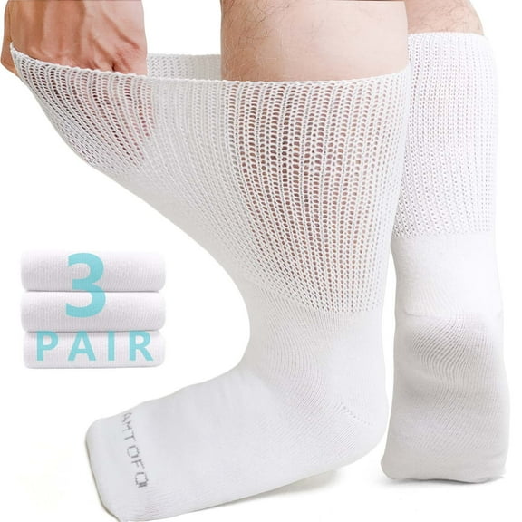 Diabetic Socks, AMITOFO 3 Pairs Diabetic Socks for Men Women Extra Wide Calf Size 10 13 for Swollen Feet, Cotton Edema Bariatric Must Haves Neuropathy Socks, White