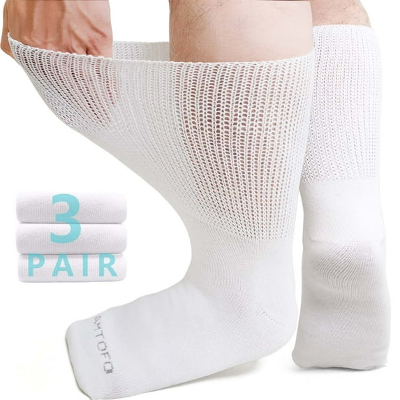 Diabetic Socks, AMITOFO 3 Pairs Diabetic Socks for Men Women Extra Wide Calf Size 10 13 for Swollen Feet, Cotton Edema Bariatric Must Haves Neuropathy Socks, White