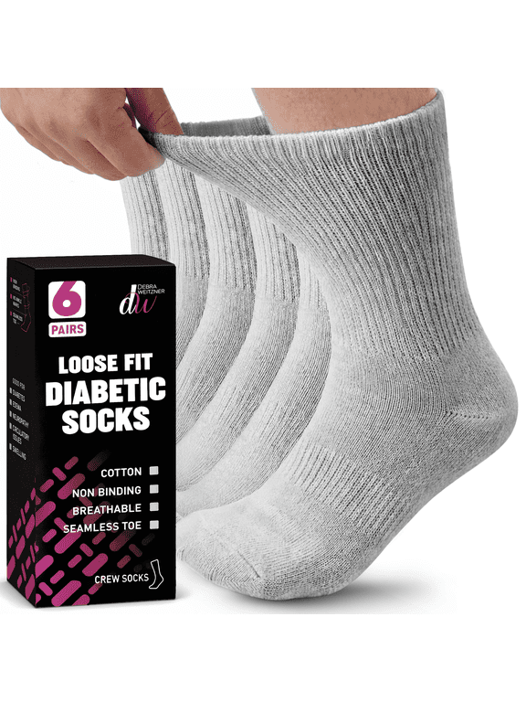 Diabetic Socks For Men and Women Loose Fit Non-Binding Cotton Crew Socks 10/13 Gray 6 Pairs