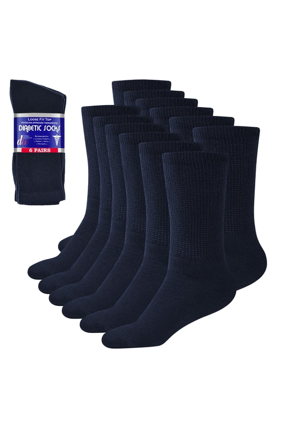 Diabetic Socks For Men and Women Loose Fit Non-Binding Cotton Crew Socks 10/13 Navy 6 Pairs