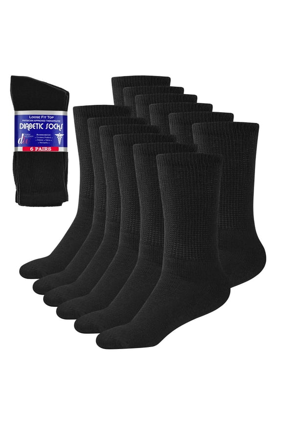 Diabetic Socks For Men and Women Loose Fit Non-Binding Cotton Crew Socks 10/13 Black 6 Pairs