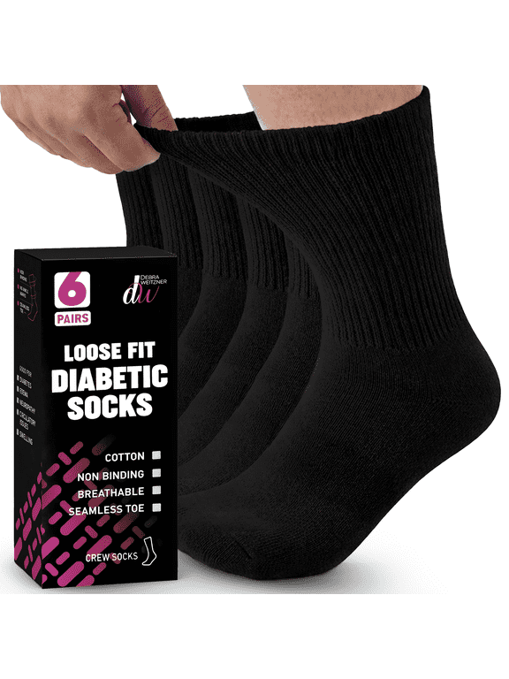 Diabetic Socks For Men and Women Loose Fit Non-Binding Cotton Crew Socks 10/13 Black 6 Pairs