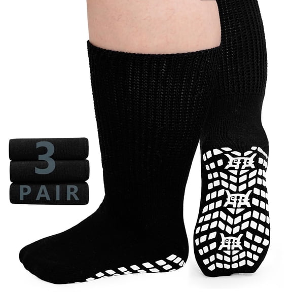 Diabetic Socks, LOFIR 3 Pairs Diabetic Socks for Men Women Size 10 13, Non Slip Grip Socks Hospital Socks with Gripper for Women, Extra Wide Calf Socks for Swollen Feet, Black