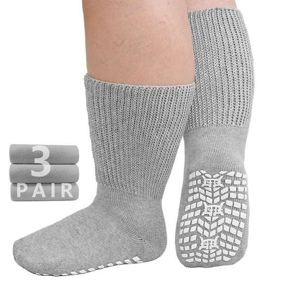 Diabetic Socks, LOFIR 3 Pairs Diabetic Socks for Men Women Size 10 13, Non Slip Grip Socks Hospital Socks with Gripper for Women, Extra Wide Calf Socks for Swollen Feet, Gray