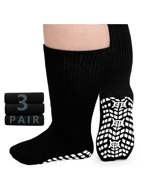 Diabetic Socks, LOFIR 3 Pairs Diabetic Socks for Men Women Size 13 15, Non Slip Grip Socks Hospital Socks with Gripper for Women, Extra Wide Calf Socks for Swollen Feet, Black