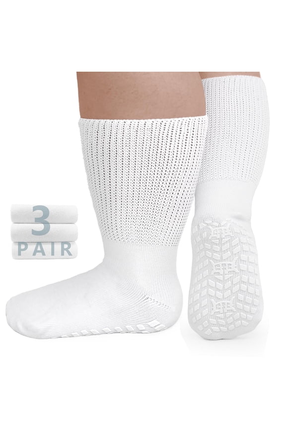 Diabetic Socks, LOFIR 3 Pairs Diabetic Socks for Men Women Size 13 15, Non Slip Grip Socks Hospital Socks with Gripper for Women, Extra Wide Calf Socks for Swollen Feet, White