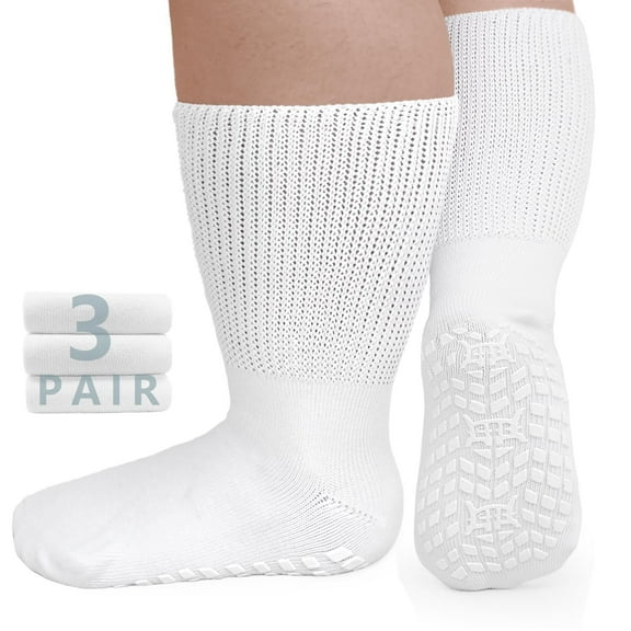 Diabetic Socks, LOFIR 3 Pairs Diabetic Socks for Men Women Size 13 15, Non Slip Grip Socks Hospital Socks with Gripper for Women, Extra Wide Calf Socks for Swollen Feet, White