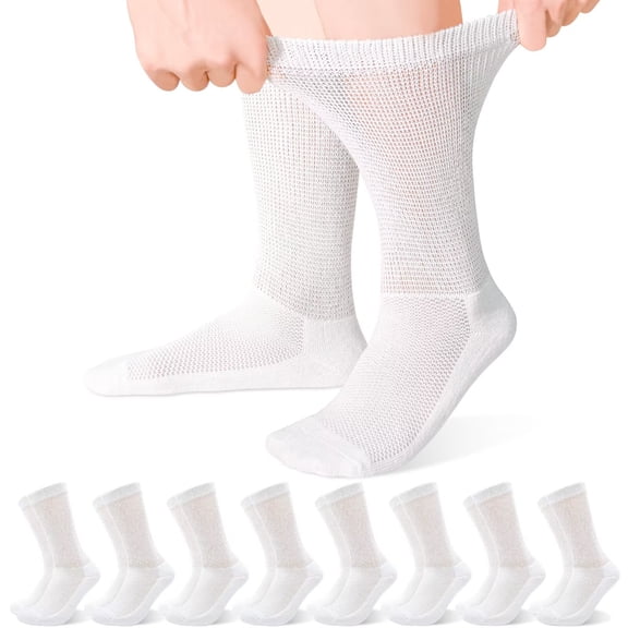 Diabetic Socks Men 8 Pairs Extra Wide Diabetic Socks Non Binding Socks Comfortable Crew Socks for Men Women 6-11(03 White*8, 9-11)