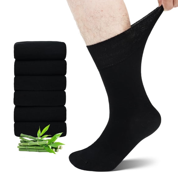 Diabetic Socks for Men Women: Bamboo Soft Top Crew Socks Loose Wide Fit - Non Elastic Seamless Gentle for Swollen Feet Ankles Legs Elderly Pregnancy 6 Pairs Size 9-11 Black