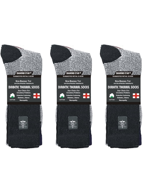 Premium Non-Binding Thermal Diabetic Socks for Men & Women – Loose Fit Cotton Crew for Warmth & Circulation (Assorted-3 Pairs, Socks Size 10-13, Fit Men's Shoe Size 7-12)
