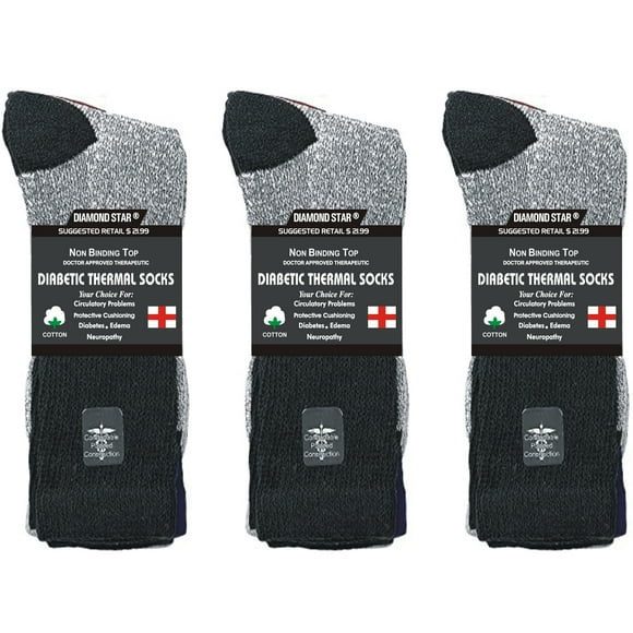 Diabetic Socks For Men and Women Loose Fit Non-Binding Thermal Diabetic Crew Cotton Socks Keep Foot Warm (Black - 12 Pairs, Socks Size 10-13, Fit Men's Shoe Size 7-12)
