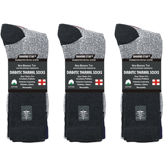 Diamond Star Premium Non-Binding Thermal Diabetic Socks for Men & Women – Loose Fit Cotton Crew for Warmth & Circulation (Black-3 Pairs, Socks Size 13-15, Fit Men's Shoe Size 9-14)