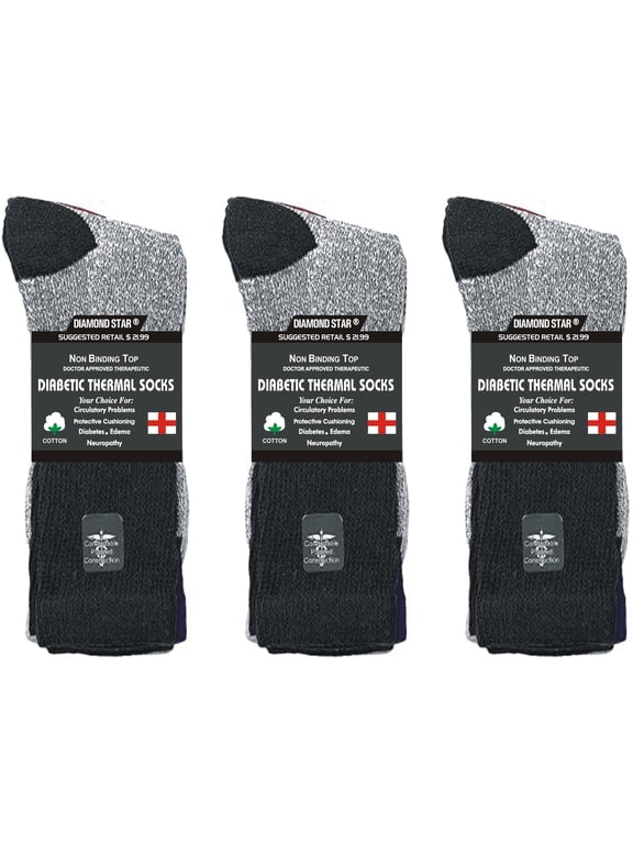 Premium Non-Binding Thermal Diabetic Socks for Men & Women – Loose Fit Cotton Crew for Warmth & Circulation (Black-3 Pairs, Socks Size 13-15, Fit Men's Shoe Size 9-14)